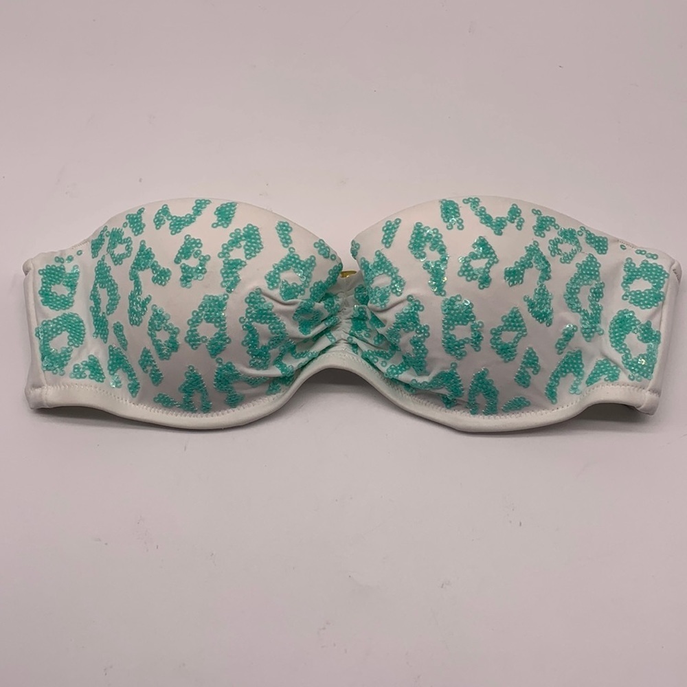 White and Turquoise Cheetah Print Bikini Top size 34B